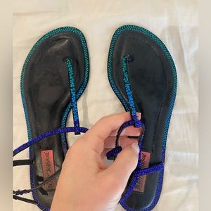 Betsy Johnson blue aqua black thong sandals Swarovski crystals